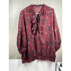 Madison Paige Womens Top Semi Sheer V-Neck Blouse Maroon Criss‎ Cross Plus SZ 1X
